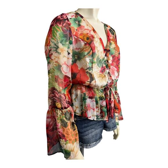 NWT Guess Long Sleeve Demi Blouse Peony Animal Print Women's Size XS Boho Flower - Picture 4 of 10